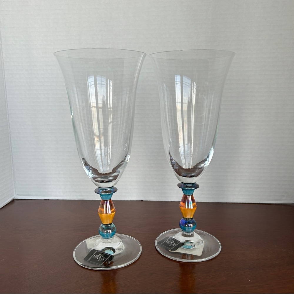 Vintage MIKASA Kensington Clear Amber Iced Tea Amber/Blue Stem  Set of 2